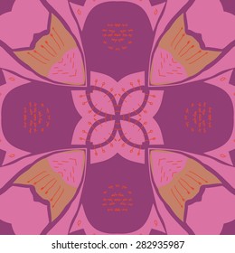Circular  seamless pattern of floral motif,doodles, stamens, spots. Hand drawn.