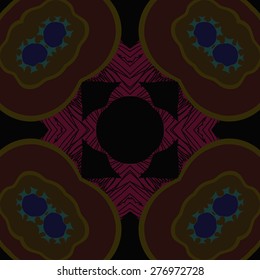 Circular seamless pattern of floral motif,ellipse, stripes,hole. Hand drawn.