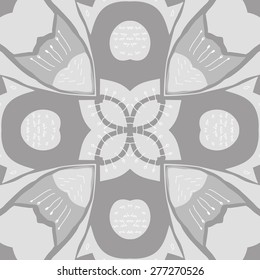 Circular seamless pattern of floral motif,ellipses, doodles, stamens. Hand drawn.