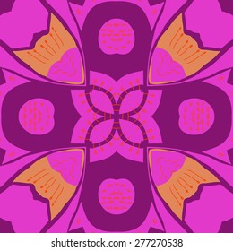 Circular seamless pattern of floral motif,ellipses, doodles, stamens. Hand drawn.