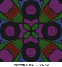 Circular seamless pattern of floral motif,ellipses, doodles, stamens. Hand drawn.