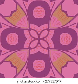 Circular seamless pattern of floral motif,ellipses, doodles, stamens. Hand drawn.