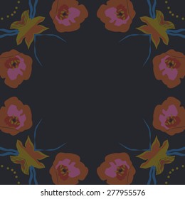 Circular  seamless pattern of floral motif,ellipses, leaves, flowers, copy space. Hand drawn.
