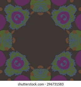 Circular seamless  pattern of floral motif,ellipses, spots, doodles, copy space. Hand drawn.