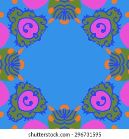 Circular seamless  pattern of floral motif,ellipses, spots, doodles, copy space. Hand drawn.