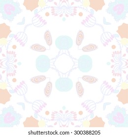 Circular seamless  pattern of floral motif,ellipses, stripes, spirals. Hand drawn.