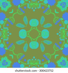 Circular seamless  pattern of floral motif,ellipses, stripes, spirals. Hand drawn.
