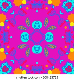 Circular seamless  pattern of floral motif,ellipses, stripes, spirals. Hand drawn.