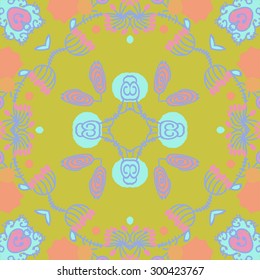 Circular seamless  pattern of floral motif,ellipses, stripes, spirals. Hand drawn.