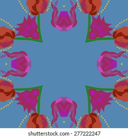 Circular seamless pattern of floral motif,ellipses,branches,flowers, copy space. Hand drawn.