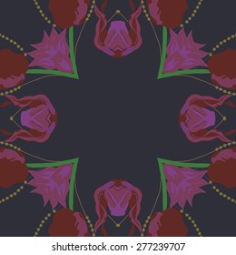 Circular seamless pattern of floral motif,ellipses,branches,flowers, copy space. Hand drawn.