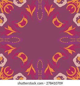 Circular  seamless pattern of floral motif,flowers, leaves, branches, copy space. Hand drawn.