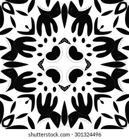 Circular seamless  pattern of  floral motif,flowers, stamens, leaves, . Hand drawn.