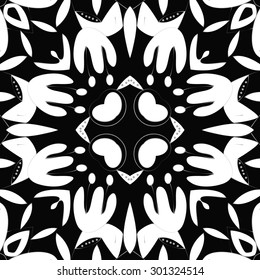 Circular seamless  pattern of  floral motif,flowers, stamens, leaves, . Hand drawn.