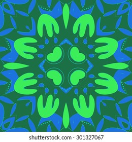 Circular seamless  pattern of  floral motif,flowers, stamens, leaves, . Hand drawn.