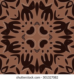 Circular seamless  pattern of  floral motif,flowers, stamens, leaves, . Hand drawn.