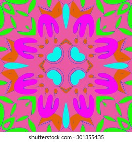 Circular seamless  pattern of  floral motif,flowers, stamens, leaves, . Hand drawn.