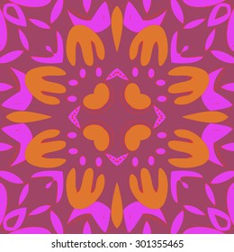 Circular seamless  pattern of  floral motif,flowers, stamens, leaves, . Hand drawn.