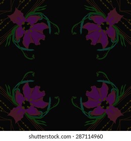 Circular seamless  pattern of  floral motif,leaves, branches, flowers, copy space. Hand drawn.