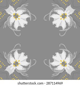 Circular seamless  pattern of  floral motif,leaves, branches, flowers, copy space. Hand drawn.