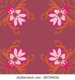 Circular seamless  pattern of  floral motif,leaves, branches, flowers, copy space. Hand drawn.