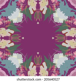 Circular   seamless  pattern of floral motif,peonies, leaves and text   on a dark pink background.