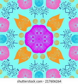 Circular seamless pattern of floral motifs, twigs, leaves in an azure background. 