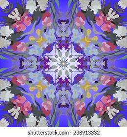 Circular seamless pattern of floral motifs, irises, peonies  on a gradient blue background. Handmade.