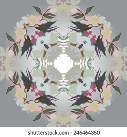 Circular seamless pattern of floral motifs, peonies  on a gradient gray background. Hand drawn.