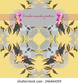 Circular seamless pattern of floral motifs, peonies, label on a light yellow background. Hand drawn.