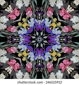 Circular seamless pattern of floral motifs, irises, peonies on a black  background. Hand drawn.