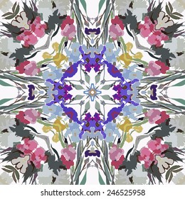 Circular seamless pattern of floral motifs, irises, peonies on a white  background. Hand drawn.