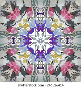 Circular seamless pattern of floral motifs, irises, peonies on a  gradient gray background. Hand drawn.