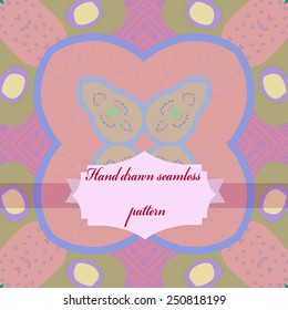 Circular seamless pattern of floral motifs, label on a pale rosy  background. Hand drawn.