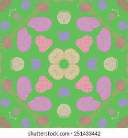 Circular seamless pattern of floral motifs, text on a pale green background. Hand drawn.