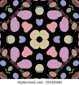 Circular seamless pattern of floral motifs, text  on a black background. Hand drawn.