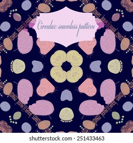 Circular seamless pattern of floral motifs, text, label on a dark blue background. Hand drawn.