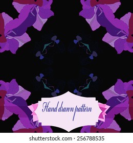 Circular seamless  pattern of floral motifs, colored gladioli, label on a black   background. Hand drawn.