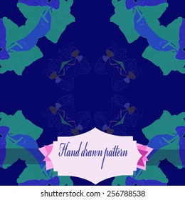 Circular seamless  pattern of floral motifs, colored gladioli, label on a dark blue   background. Hand drawn.