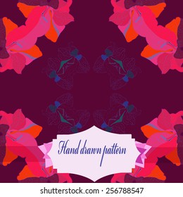 Circular seamless  pattern of floral motifs, colored gladioli, label on a dark pink   background. Hand drawn.