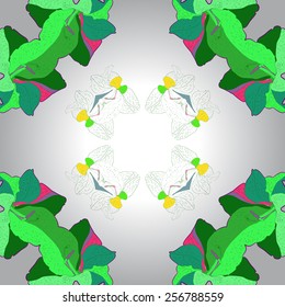 Circular seamless  pattern of floral motifs, colored gladioli on a gradient gray background. Hand drawn.
