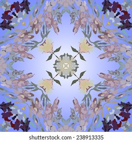 Circular seamless pattern of floral motifs,irises on a gradient blue background. Handmade.