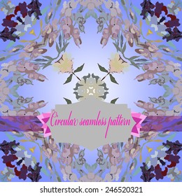Circular seamless pattern of floral motifs,irises, label on a gradient blue background. Hand drawn.