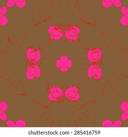 Circular  seamless pattern of  floral motif,spirals,cross,stripe, wave. Hand drawn.