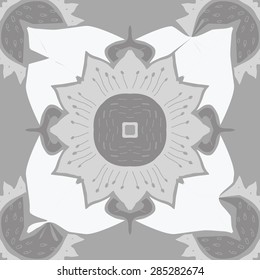 Circular  seamless pattern of  floral motif,spots, flower, zigzag, stamens, hole. Hand drawn.