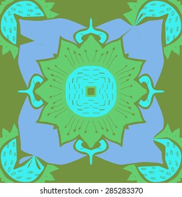 Circular  seamless pattern of  floral motif,spots, flower, zigzag, stamens, hole. Hand drawn.