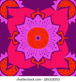 Circular  seamless pattern of  floral motif,spots, flower, zigzag, stamens, hole. Hand drawn.