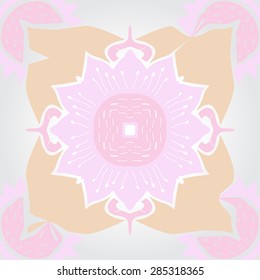 Circular  seamless pattern of  floral motif,spots, flower, zigzag, stamens, hole. Hand drawn.