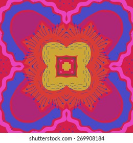 Circular seamless pattern of floral motif,stamens, flower, zigzag, doodles. Hand drawn.