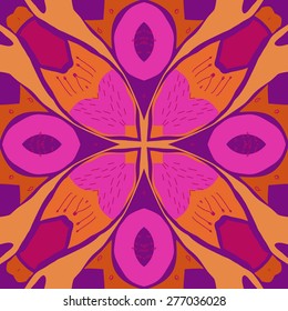 Circular seamless pattern of floral motif,stripes, doodles, zigzags, cross. Hand drawn.